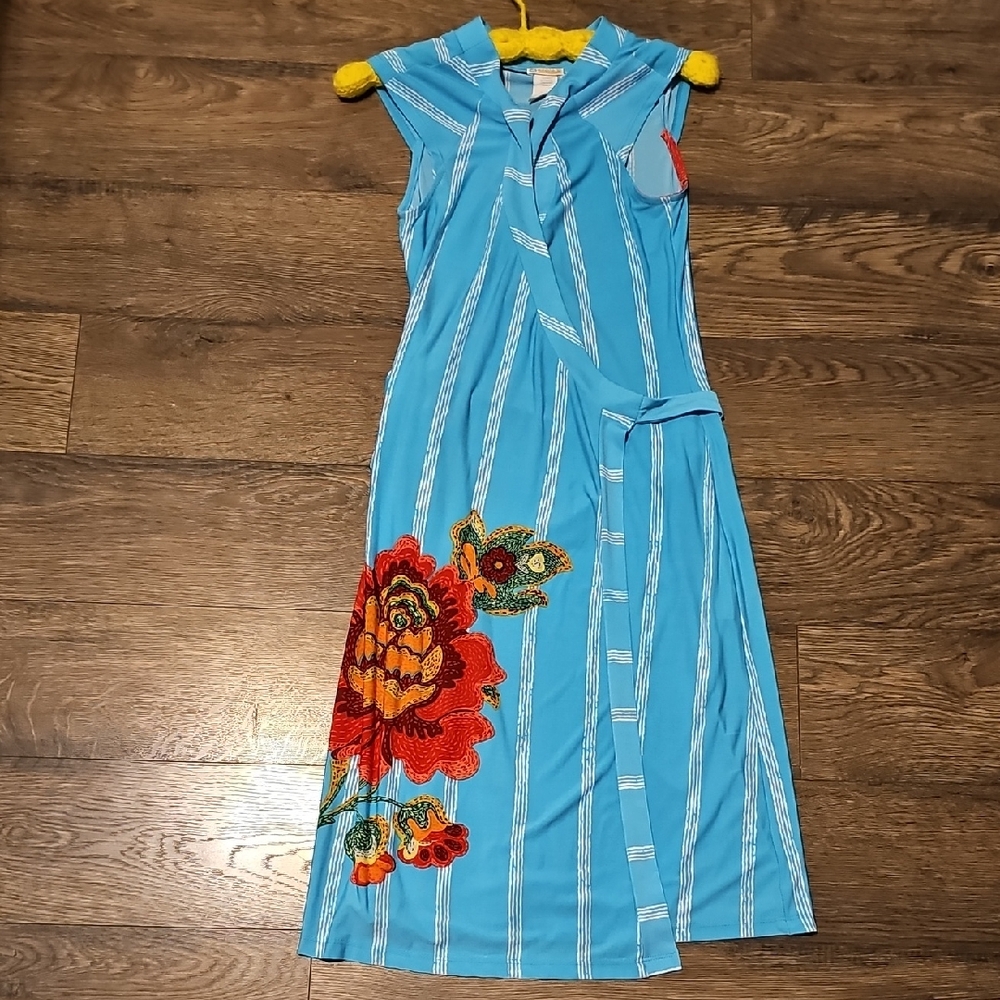 VINTAGE Rubber Ducky WRAP AROUND DRESS Blue white Stripe Flower Medium Retro